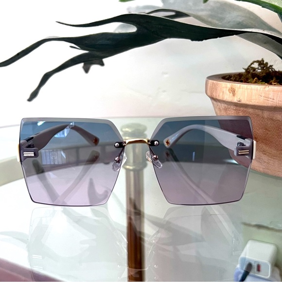 Rimless Square Fashion Sunglasses Gradient Lens Cut Edge Glasses Eyewear UV400 - Picture 3 of 7